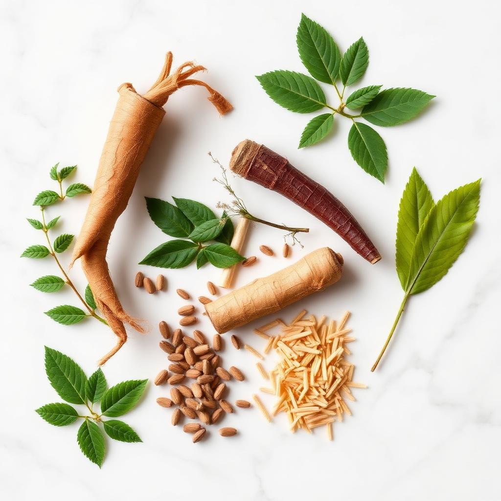 Flat lay of natural herbs used in male enhancement: ginseng, tongkat ali, maca, ashwagandha
