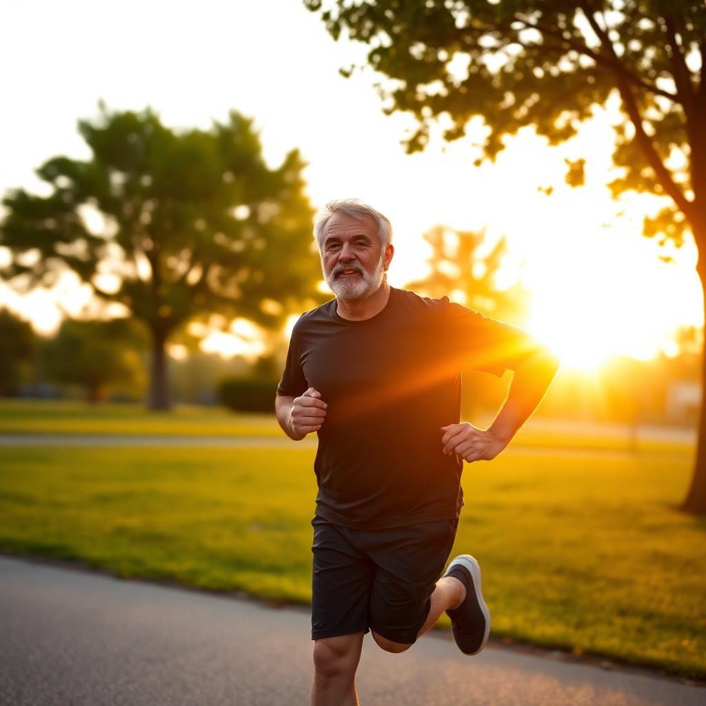 Man in his 50s jogging at sunrise — restored vitality and energy